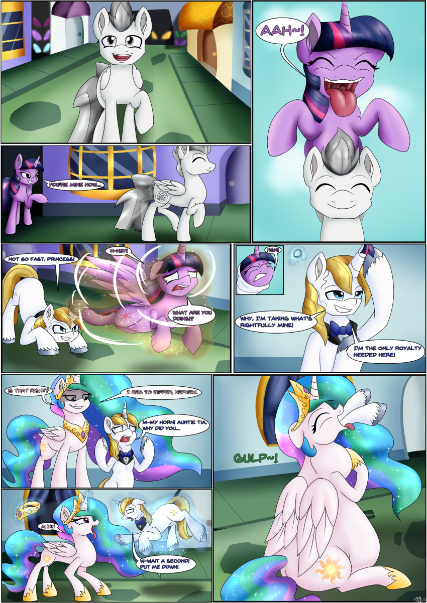 2020 absurd_res comic crown cutie_mark digital_media_(artwork) equid equine fan_character female female_pred female_prey feral feral_pred feral_prey friendship_is_magic grey_body hasbro hi_res hooves horn horn_fetish horn_play horn_vore magic male male_pred male_prey mammal mane multicolored_mane multicolored_tail my_little_pony neck_bulge novaspark oral_vore pegasus prince_blueblood_(mlp) princess_celestia_(mlp) purple_body tongue tongue_out twilight_sparkle_(mlp) unicorn vore white_body winged_unicorn wings