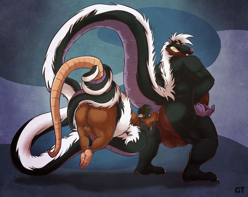 anthro balls big_balls big_butt black_body black_fur brown_body brown_fur butt chubby_anthro chubby_male clenched_teeth coiling duo frown fur genitals gtskunkrat gtskunkrat_(character) hair hand_on_hip huge_balls hybrid long_tail looking_back male male/male mammal mask mephitid murid murine purple_inner_ear purple_nose rat rodent scowl signature skunk slightly_chubby teeth tongue tongue_out white_body white_fur white_hair