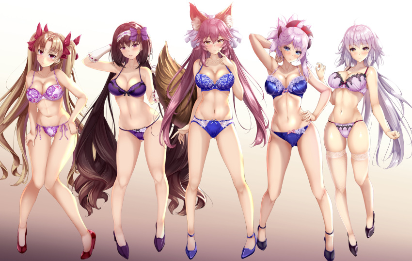 5girls absurdres ahoge animal_ears arm_behind_head arm_up armpits ass_visible_through_thighs asymmetrical_hair bangs bare_shoulders blonde_hair blue_bra blue_eyes blue_panties blush bow bow_bra bow_panties bra breasts brown_hair cleavage closed_mouth collarbone detached_sleeves ereshkigal_(fate) fate/extra fate/grand_order fate_(series) fishnet_legwear fishnets fox_ears fox_girl fox_tail fukuda_shuushi full_body gradient gradient_background grey_hair hair_between_eyes hair_bow hair_ornament hairband hand_in_own_hair hands_on_hips high_heels highleg highleg_panties highres jeanne_d'arc_alter_(avenger)_(fate) jeanne_d'arc_alter_(fate) lace lace-trimmed_bra lace-trimmed_legwear lace-trimmed_panties lace_trim large_breasts legs long_hair looking_at_viewer low_ponytail lowleg lowleg_panties medium_breasts miyamoto_musashi_(fate) multiple_girls navel open_mouth osakabe-hime_(fate) panties parted_bangs parted_lips pink_hair ponytail purple_bra purple_eyes purple_panties red_bow red_eyes revision ribbon-trimmed_bra side-tie_panties sidelocks skindentation smile stomach string_panties swept_bangs tail tamamo_(fate) tamamo_no_mae_(fate/extra) thighhighs thighs twintails two_side_up underwear underwear_only very_long_hair white_legwear yellow_eyes