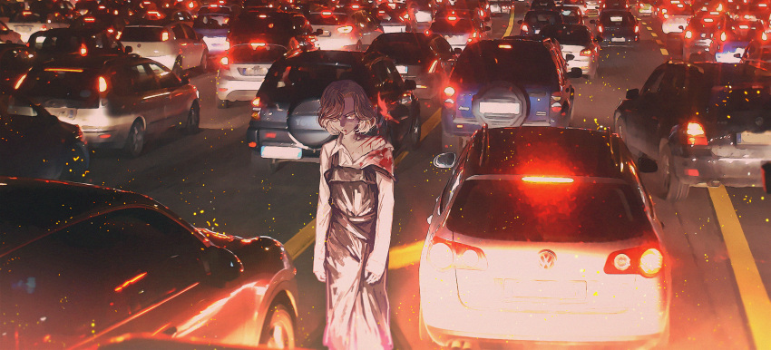 1girl absurdres blood car ground_vehicle highres injury motor_vehicle original scenery short_hair traffic yorunue_ro