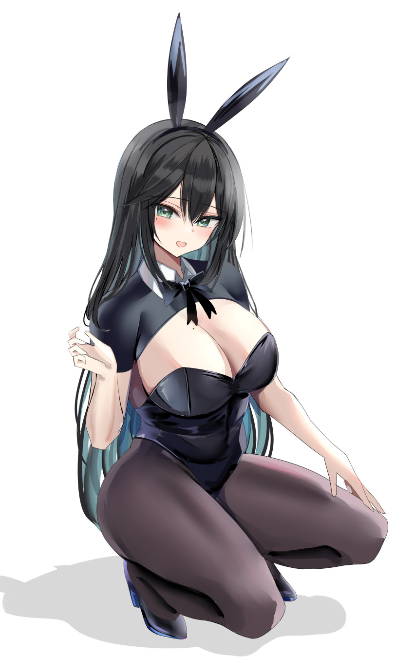 1girl :d absurdres animal_ears bangs black_bow black_bowtie black_footwear black_hair black_legwear black_leotard bow bowtie breasts cleavage detached_collar fake_animal_ears full_body green_eyes hairband hanasaka_houcha hand_on_own_thigh hand_up high_heels highleg highleg_leotard highres large_breasts leotard long_hair looking_at_viewer mole mole_under_eye original pantyhose rabbit_ears short_sleeves shrug_(clothing) simple_background smile solo squatting strapless strapless_leotard very_long_hair white_background