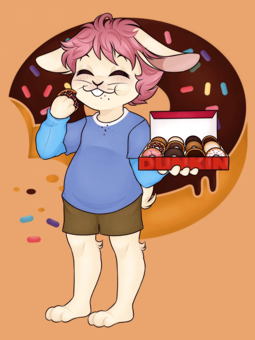 anthro buckteeth crumbs dessert doughnut dunkin'_donuts eating floppy_ears food glutton hare hi_res joshie_(calahootheyeen) lagomorph layered_clothing leporid male mammal overweight overweight_male rabbit slightly_chubby solo teeth vicky_art whiskers