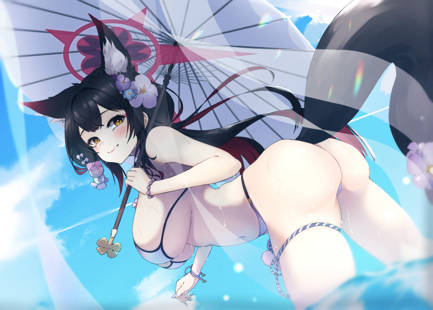1girl 96nokimihito absurdres animal_ears ass bead_bracelet beads bent_over bikini blue_archive blue_sky bracelet breasts closed_mouth cloud day flower fox_ears fox_girl fox_tail from_side hair_flower hair_ornament highres holding holding_umbrella jewelry large_breasts looking_to_the_side navel outdoors purple_flower sky solo stomach sunlight swimsuit tail tail_flower tail_ornament thigh_strap umbrella wading wakamo_(blue_archive) wakamo_(swimsuit)_(blue_archive) water wet yellow_eyes