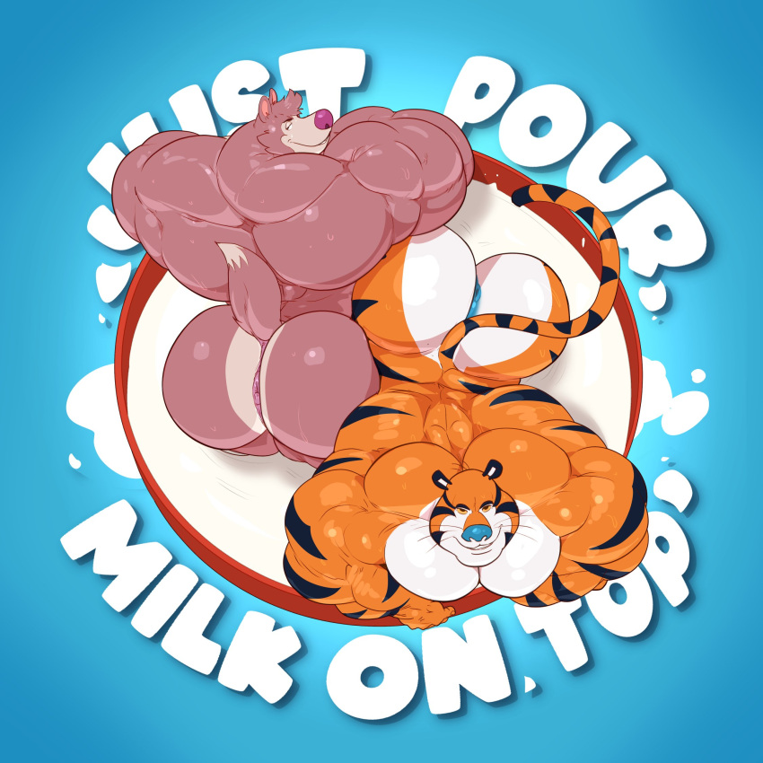 1:1 2022 advertisement anthro anus ass_up back_muscles barazoku bedroom_eyes bent_over big_butt big_muscles blue_background bowl bubble_butt butt canid canine canis chip_the_wolf container cookie_crisp duo english_text eyebrows felid frosted_flakes fur hi_res huge_butt huge_muscles kellogg's looking_at_viewer looking_up looking_up_at_viewer male mammal mascot milk muscular muscular_anthro muscular_male narrowed_eyes nude pantherine partially_submerged pecs presenting presenting_hindquarters seductive simple_background smile standing text thick_thighs tiger tony_the_tiger triceps tuft whatinsomnia whiskers wolf