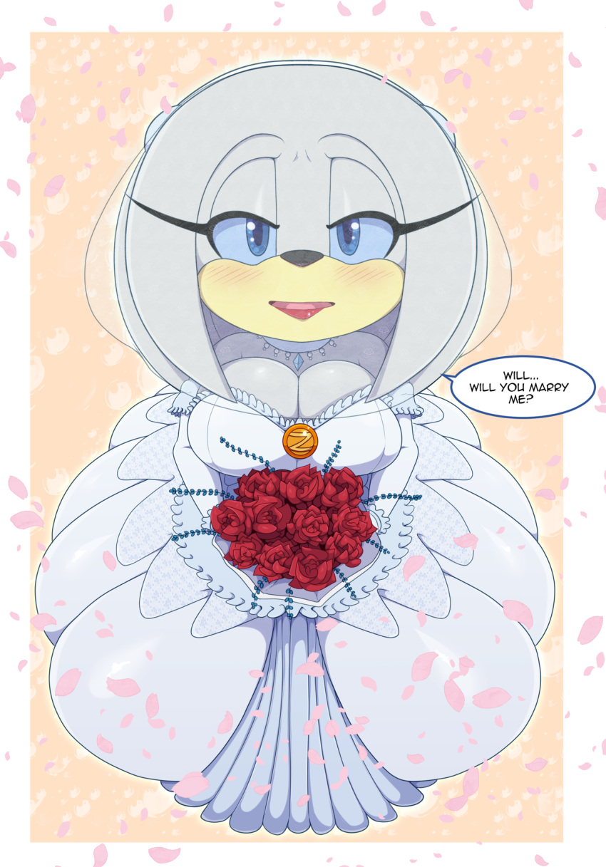 anthro big_breasts bigdon1992 blue_eyes blush breasts bride cleavage clothed clothing digital_media_(artwork) dress echidna fan_character female flower fur hi_res looking_at_viewer mammal monotreme plant rose_(flower) sega solo sonic_the_hedgehog_(series) text wedding_dress zeta_the_echidna