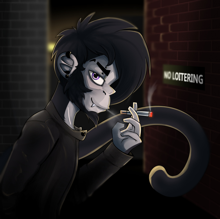 anthro arume_lux atelid cigarette clothing fangs haplorhine hi_res jace_(arume_lux) jacket leather leather_clothing leather_jacket leather_topwear long_tail male mammal monkey new_world_monkey piercing primate solo spider_monkey topwear