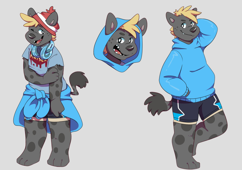 anthro beanie bluechubbywolf calahoo_(calahootheyeen) clothing grin hat headgear headphones headwear hi_res hood hoodie hyaenid layered_clothing male mammal redesign smile solo spotted_hyena sweater topwear