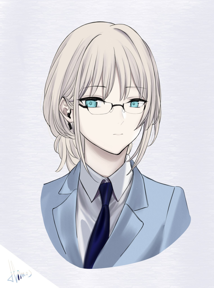 1girl an-94_(girls'_frontline) aqua_eyes aqua_jacket artist_name bangs blonde_hair blue_necktie chinese_commentary closed_mouth dated_commentary eyepiece formal girls'_frontline glasses highres himos jacket lips long_hair looking_at_viewer necktie office_lady official_alternate_costume shirt solo suit upper_body white_background white_shirt