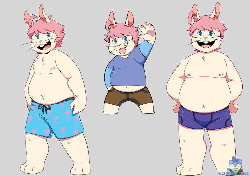 ahoge anthro bangs belly belly_overhang blep bluechubbywolf bottomwear boxer_briefs boxers_(clothing) bulge cargo_shorts chibi chonky chunky clothing clothing_too_small hair hands_on_hips hare hi_res joshie_(calahootheyeen) lagomorph layered_clothing leporid male mammal messy_hair moobs nipples overweight overweight_male pattern_clothing pawpads rabbit shirtless shirtless_male shorts slightly_chubby smile solo sticker swimming_trunks swimwear telegram_sticker tongue tongue_out underwear whiskers