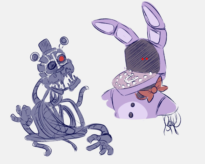 2020 ambiguous_gender animatronic anthro bow_tie button_(fastener) clothing colored colored_sketch duo exposed_endoskeleton faceless_character faceless_male five_nights_at_freddy's five_nights_at_freddy's_2 freddy_fazbear's_pizzeria_simulator hat headgear headwear lagomorph leporid machine male mammal molten_freddy_(fnaf) multicolored_body purple_body rabbit red_eyes robot robot_gore scottgames sketch skkortysoup two_tone_body ursid video_games wire withered_bonnie_(fnaf)