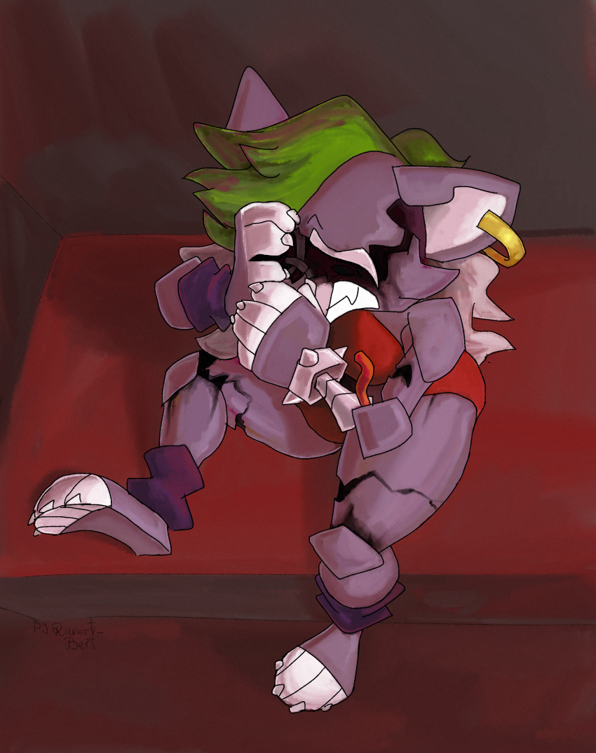 absurd_res animatronic anthro bodily_fluids bracelet broken canid canine canis clenched_teeth clothing covering covering_face cracks crying damage ear_piercing empty_eye_sockets endoskeleton eyeless female five_nights_at_freddy's five_nights_at_freddy's:_security_breach frown green_hair hair hi_res jewelry leg_warmers legwear machine mammal miserable piercing purple_body robot roxanne_wolf_(fnaf) rukart_bert scottgames shattered_roxanne_wolf_(fnaf) sitting solo spiked_bracelet spikes tears teeth thick_thighs video_games wire wolf