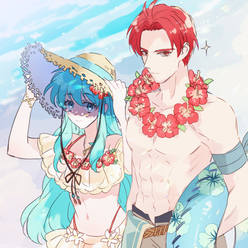 1boy 1girl abs aqua_eyes aqua_hair bangs beach bikini bracelet eirika_(fire_emblem) fire_emblem fire_emblem:_the_sacred_stones fire_emblem_heroes flower hair_between_eyes hair_flower hair_ornament hat highres holding holding_innertube innertube jewelry lei long_hair naonaomo navel official_alternate_costume red_eyes red_hair seth_(fire_emblem) short_hair sidelocks smile sun_hat swimsuit upper_body