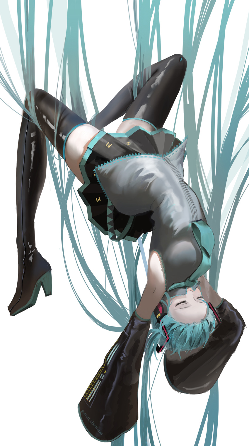 1girl absurdres aqua_hair aqua_necktie arms_up black_footwear black_skirt boots breasts closed_eyes covered_mouth detached_sleeves entangled eyelashes grey_shirt hair_ornament hanging hatsune_miku high_heel_boots high_heels highres long_hair miniskirt muu_(muu_shiromiya) necktie pleated_skirt shirt simple_background skirt sleeves_past_fingers sleeves_past_wrists solo thigh_boots twintails untucked_shirt upside-down very_long_hair vocaloid white_background zettai_ryouiki