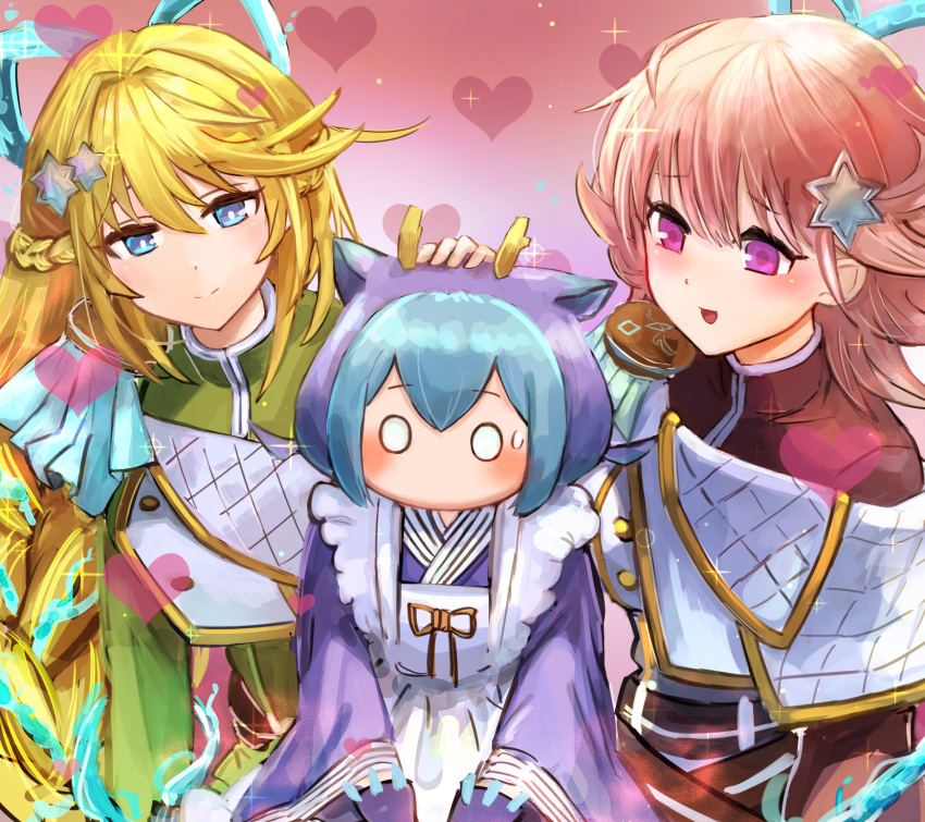 3girls apron bangs blonde_hair blue_eyes braid buttons crown_braid double-breasted dress duel_monster epaulettes exosister_kaspitell exosister_mikailis hair_ornament hand_on_another's_head hatano_kiyoshi heart highres laundry_dragonmaid light_blush long_hair long_sleeves medium_hair multiple_girls o_o open_mouth pink_hair purple_eyes single_epaulette smile star_(symbol) star_hair_ornament wide_sleeves yu-gi-oh!