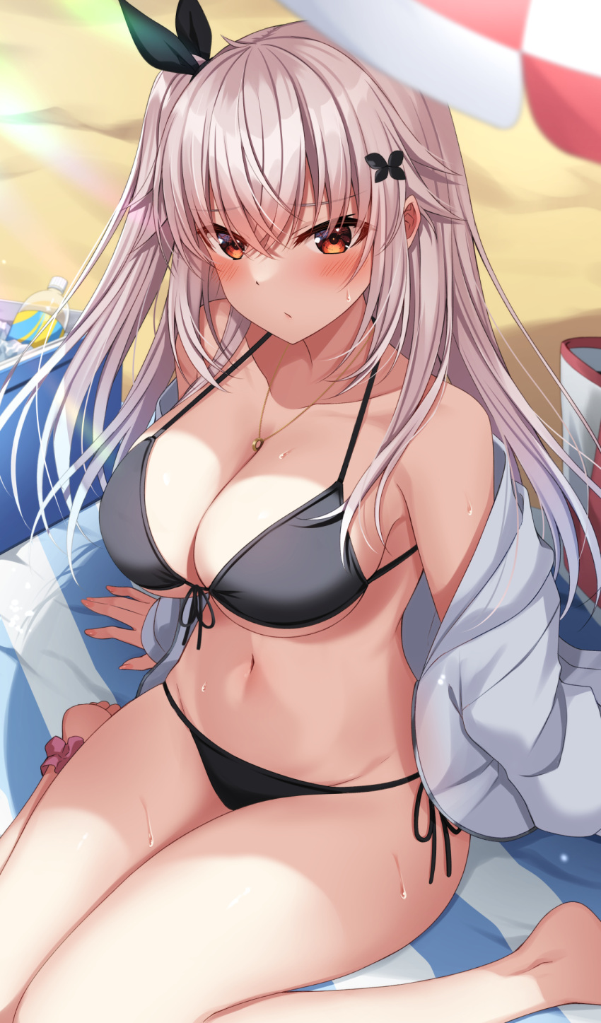 1girl ankle_scrunchie bare_shoulders barefoot beach bikini black_bikini blurry breasts butterfly_hair_ornament cleavage closed_mouth collarbone commentary_request depth_of_field etna_(kuzuyu) front-tie_bikini front-tie_top frown hair_ornament hair_ribbon halterneck highres jacket jewelry komori_kuzuyu large_breasts long_hair long_sleeves looking_at_viewer navel necklace off_shoulder one_side_up open_clothes open_jacket original red_eyes ribbon scrunchie side-tie_bikini sitting solo stomach string_bikini sweatdrop swimsuit thighs wariza white_hair white_jacket