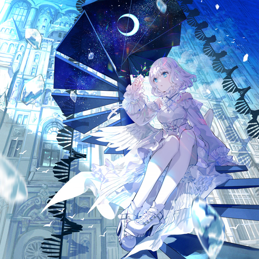 1girl bangs bird blue_eyes castle commentary_request crescent_moon criss-cross_halter dress earrings floating floating_object frilled_dress frilled_shirt_collar frills full_body fuzichoco halterneck high_collar high_heel_sneakers high_heels highres holding jewelry long_sleeves looking_at_object moon off-shoulder_dress off_shoulder original puffy_long_sleeves puffy_sleeves short_hair showgirl_skirt sitting sitting_on_stairs solo stairs thighs white_dress white_footwear white_hair white_legwear white_wings wings
