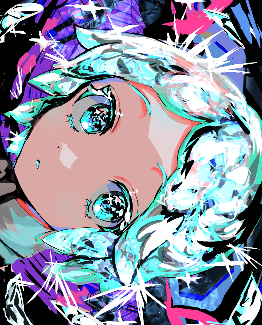 1girl abstract abstract_background absurdres bangs black_eyes blue_eyes close-up crystal_hair face highres houseki_no_kuni looking_at_viewer momae_makku parted_bangs parted_lips phosphophyllite portrait short_hair sidelocks sideways solo sparkling_eyes teeth white_hair