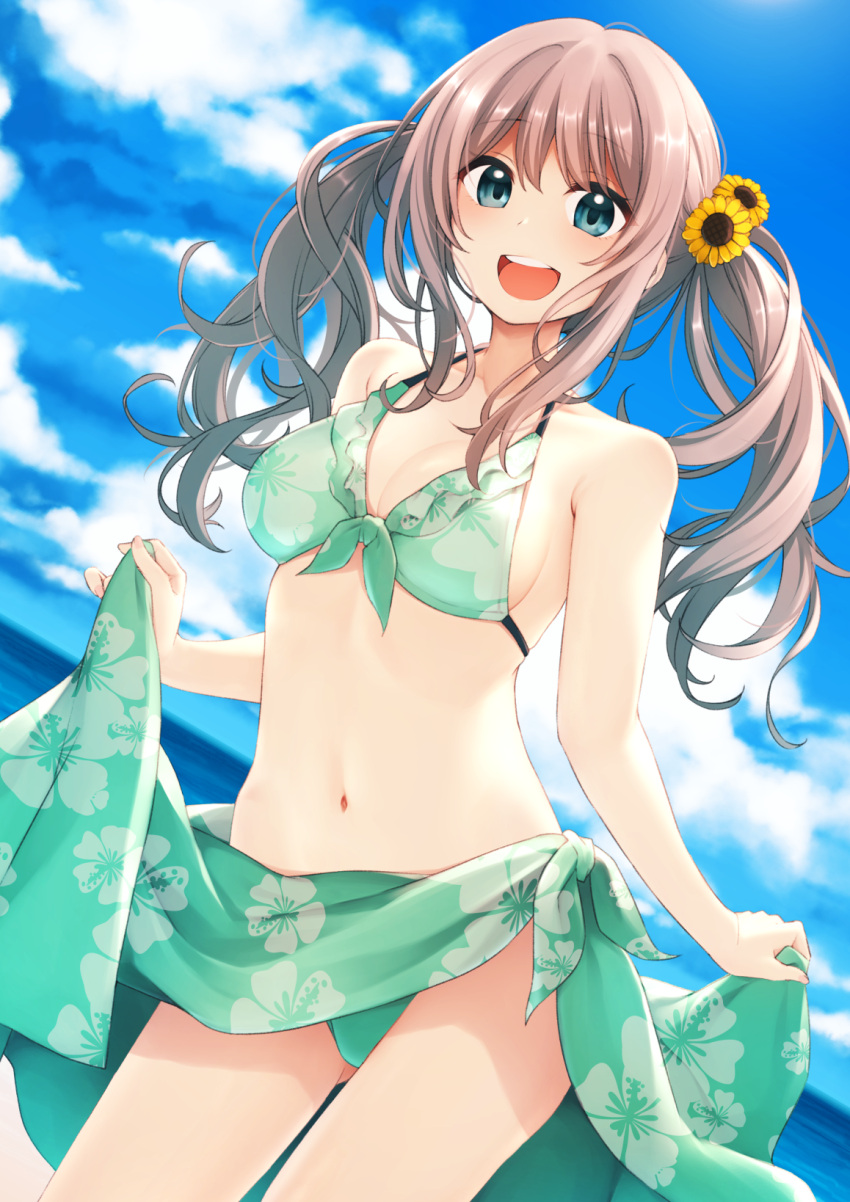 1girl :d bangs bare_arms bare_shoulders bikini blue_eyes blue_sky blush breasts brown_hair collarbone cowboy_shot day dutch_angle floral_print flower green_bikini hair_flower hair_ornament highres horizon looking_at_viewer medium_breasts nagami_yuu navel ocean open_mouth original outdoors panties print_panties sarong sky smile solo stomach sunflower_hair_ornament swimsuit teeth twintails underwear upper_teeth yellow_flower