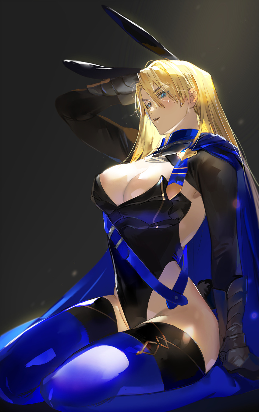 1girl alternate_costume animal_ears areola_slip arm_behind_back arm_support arm_up armor blonde_hair blue_cape blue_eyes blue_legwear cape commission covered_navel dimitri_alexandre_blaiddyd eyes_visible_through_hair fake_animal_ears fake_tail fire_emblem fire_emblem:_three_houses genderswap genderswap_(mtf) highres light_particles light_rays long_hair looking_at_viewer nykim0915 parted_lips playboy_bunny rabbit_ears rabbit_tail solo tail teeth thighhighs upper_teeth vambraces