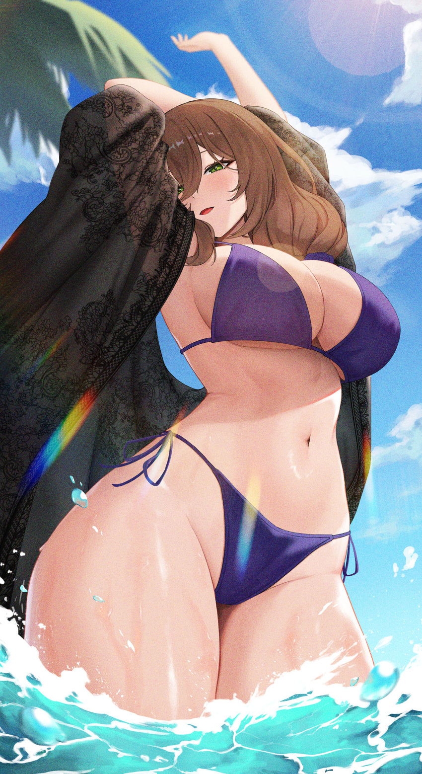 1girl absurdres armpits arms_up bangs bare_shoulders bikini blue_sky blush breasts brown_hair cleavage genshin_impact green_eyes highres large_breasts lisa_(genshin_impact) long_hair looking_at_viewer open_mouth purple_bikini sky smile solo sp123 swimsuit thighs wading wet