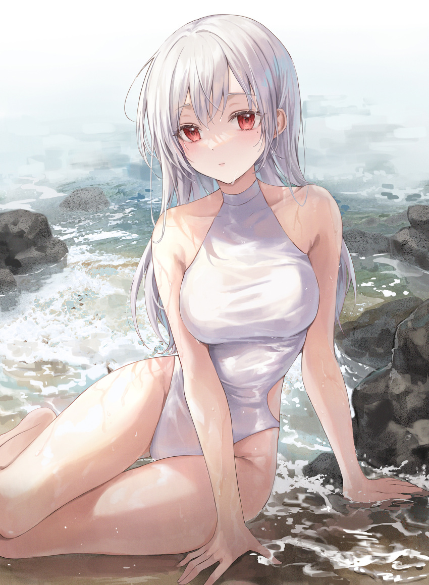 1girl :| arm_support bangs bare_arms bare_legs bare_shoulders barefoot blush breasts closed_mouth collarbone dot_nose heeri highleg highleg_swimsuit highres large_breasts long_hair mole mole_under_eye ocean one-piece_swimsuit original outdoors red_eyes rock shallow_water sidelocks sitting solo straight_hair summer swimsuit thigh_gap thighs turtleneck water wet white_hair white_swimsuit yokozuwari