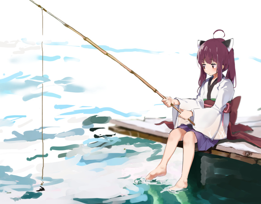 1girl ahoge bangs barefoot blue_skirt brown_hair closed_mouth commentary_request day fishing fishing_rod headgear holding holding_fishing_rod japanese_clothes kimono lamb_(hitsujiniku) long_sleeves looking_away obi outdoors pier pleated_skirt red_eyes sash sitting skirt solo touhoku_kiritan twintails voiceroid water white_kimono wide_sleeves