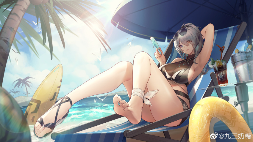 1girl :q absurdres aether_gazer arm_behind_head arm_up armpits bangs bare_legs barefoot beach blue_eyes breasts crazy_straw cup day drinking_glass drinking_straw eyewear_on_head feet food full_body grey_hair hair_over_one_eye heterochromia highres holding holding_food innertube jiusan_naitan kotachi_(aether_gazer) large_breasts long_hair orange_eyes outdoors palm_tree ponytail popsicle sandals sideboob single_sandal solo sunglasses surfboard tongue tongue_out tree