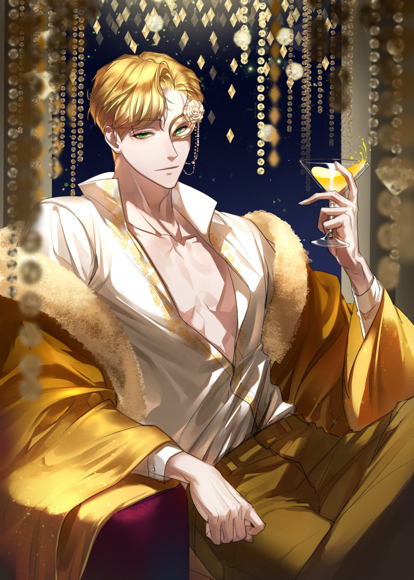 1boy adam's_apple ajrtkf44 armchair bangs bead_curtain beads blonde_hair blurry chair character_request closed_mouth coat collarbone collared_shirt cookie_run crossed_legs cup depth_of_field drink drinking_glass eye_mask eyelashes flower fur-trimmed_coat fur_trim gold_trim green_eyes hand_up highres holding holding_cup korean_commentary long_sleeves looking_at_viewer male_focus off_shoulder pants parted_bangs pectorals rose shirt short_hair sitting smile solo white_flower white_rose white_shirt yellow_coat yellow_pants
