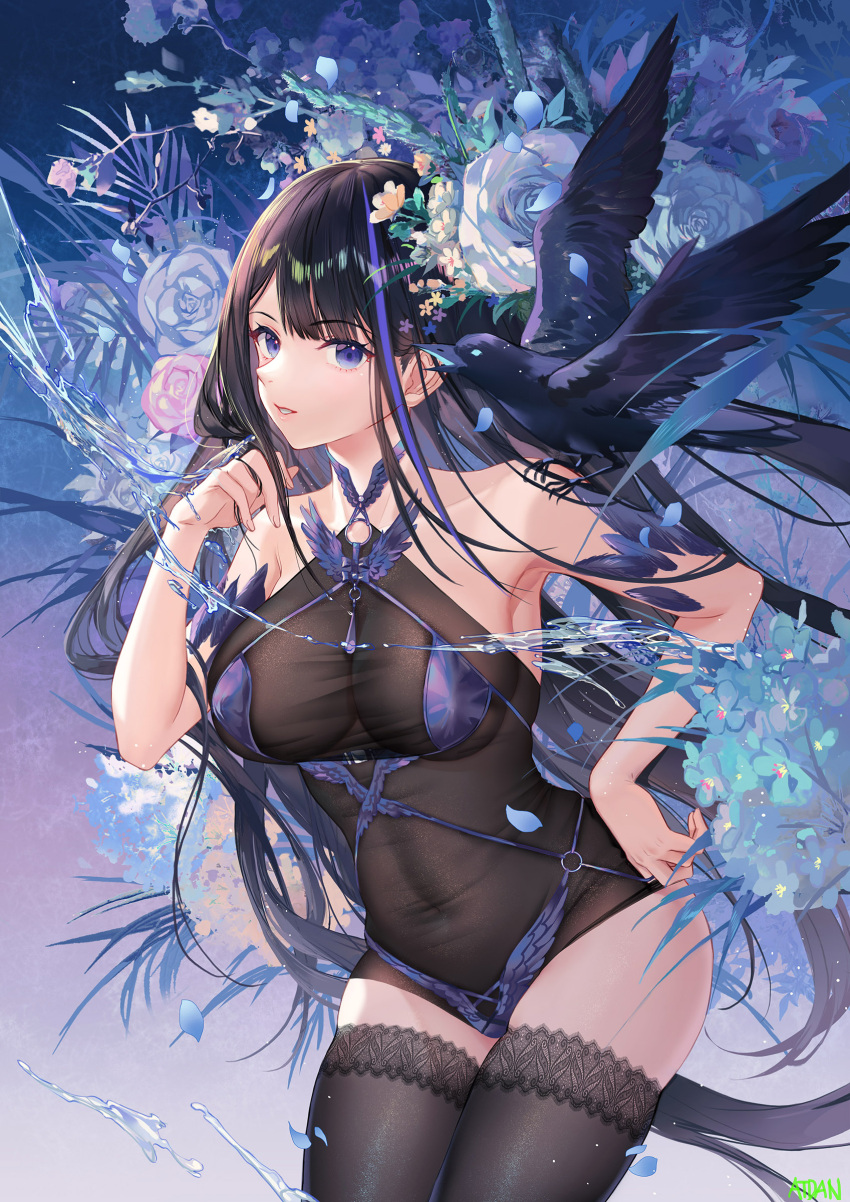 1girl absurdres animal animal_on_shoulder armpits atdan bare_shoulders bikini bird bird_on_shoulder black_hair black_legwear blue_eyes bodysuit breasts cleavage contrapposto covered_navel cowboy_shot crow flower hand_on_hip hand_up highres large_breasts long_hair looking_at_viewer original parted_lips purple_bikini rose solo standing string_bikini swimsuit taut_clothes thighhighs thighs very_long_hair white_flower