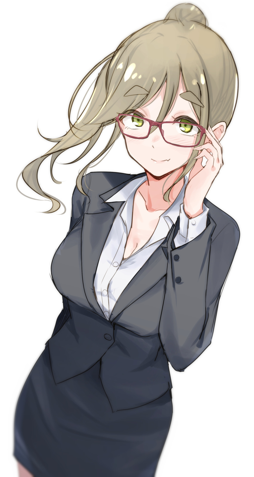 1girl absurdres bangs blush breasts cleavage collarbone collared_shirt dress_shirt dress_suit formal glasses green_eyes hair_between_eyes highres inuyama_aoi light_brown_hair long_hair long_sleeves looking_at_viewer office_lady shirt solo suit unu_(unucence) white_shirt yurucamp