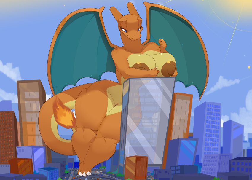 absurd_res anthro areola barely_visible_genitalia barely_visible_pussy big_breasts breasts building chari-gal charizard city cityscape cloud commoddity destruction dragon female genitals hi_res horn leaning_on_object macro nintendo nipples non-mammal_breasts nude outside plant pok&eacute;mon pok&eacute;mon_(species) pussy scalie solo thick_thighs tree video_games wide_hips wings