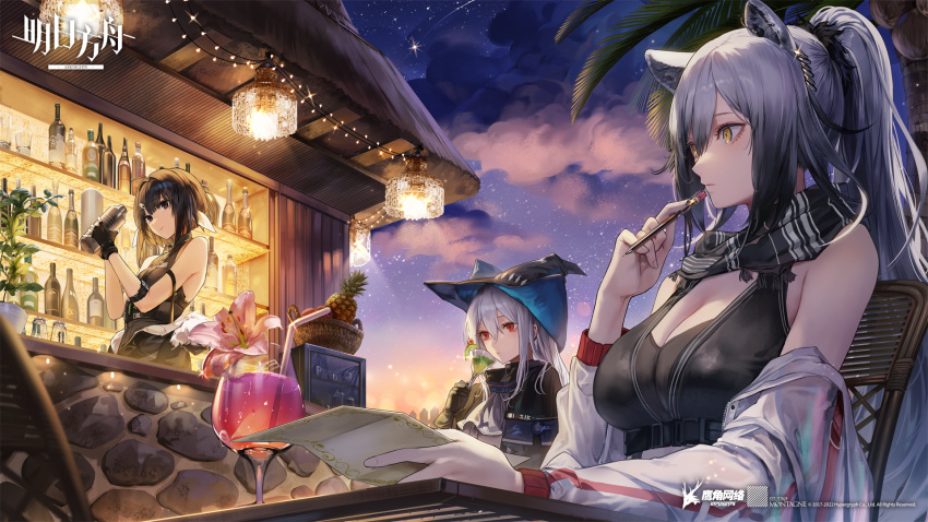 3girls alcohol animal_ears arknights arm_strap bare_arms bare_shoulders black_capelet black_eyes black_hair black_headwear bottle breasts capelet cat_ears cleavage cloud cocktail_glass commentary_request copyright_name cup cupping_glass drinking_glass fingerless_gloves food fruit gloves grey_hair hat head_tilt high_ponytail highres jacket kim_eb la_pluma_(arknights) large_breasts long_sleeves multiple_girls night night_sky off_shoulder open_clothes open_jacket outdoors pineapple ponytail red_eyes scarf schwarz_(arknights) short_hair skadi_(arknights) sky white_jacket yellow_eyes