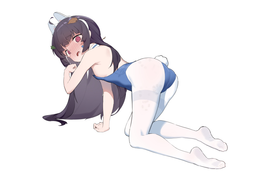 1girl @_@ absurdres ahoge all_fours areola_slip ass black_hair blue_archive blue_leotard blush full-face_blush full_body highres leaf leaf_on_head leotard long_hair looking_at_viewer miyu_(blue_archive) nijiko_uro no_shoes open_mouth pantyhose rabbit_tail red_eyes simple_background solo tail white_background white_legwear