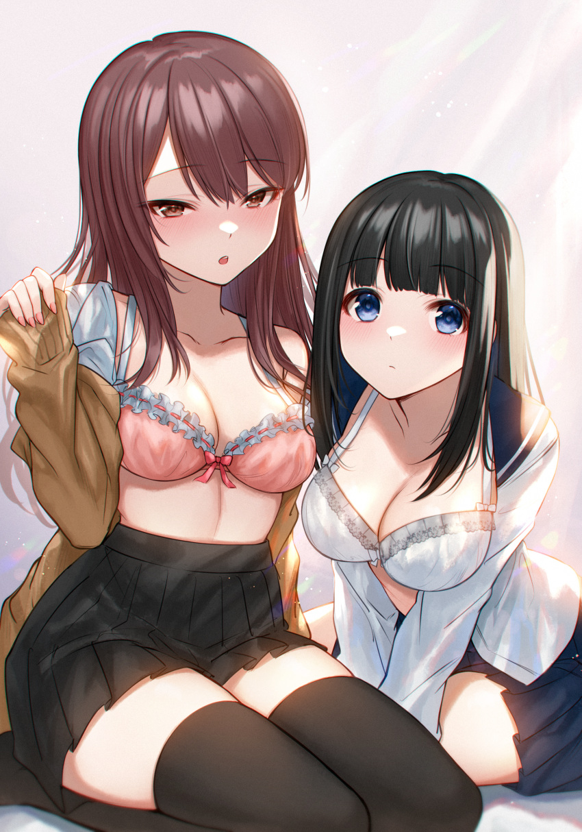 2girls :o absurdres akky_(akimi1127) bare_shoulders black_hair black_legwear black_sailor_collar black_skirt blue_eyes blush bow bow_bra bra breasts brown_cardigan brown_eyes brown_hair cardigan cleavage closed_mouth collarbone commentary_request highres long_hair long_sleeves looking_at_viewer medium_breasts multiple_girls nail_polish no_shoes off_shoulder open_cardigan open_clothes open_shirt original parted_lips pinching_sleeves pink_bra pink_nails pleated_skirt sailor_collar school_uniform seiza serafuku shirt sitting skirt sleeves_past_wrists teeth thighhighs underwear upper_teeth very_long_hair white_bra white_shirt