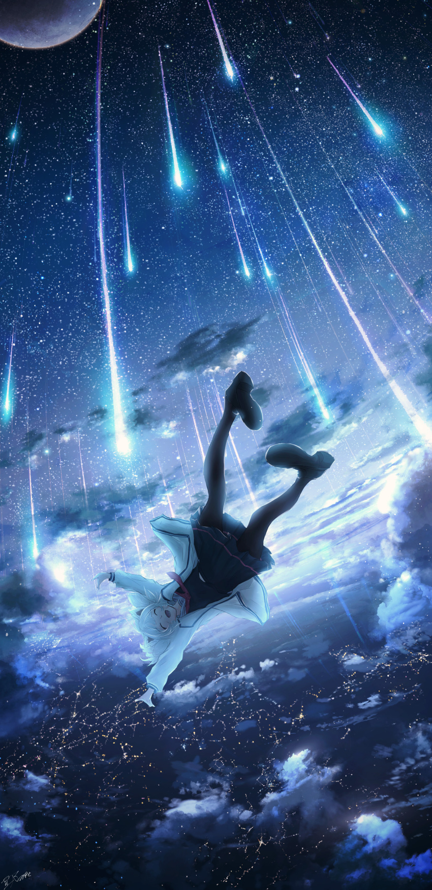 1girl absurdres animal_ears arm_up city city_lights closed_mouth cloud cloudy_sky coat falling falling_star fantasy hair_lift highres hoshino_mizuki_(hoshino_263f) long_hair moon necktie night night_sky original scenery shirt shoes sky socks solo star_(sky) starry_sky teeth tongue white_hair