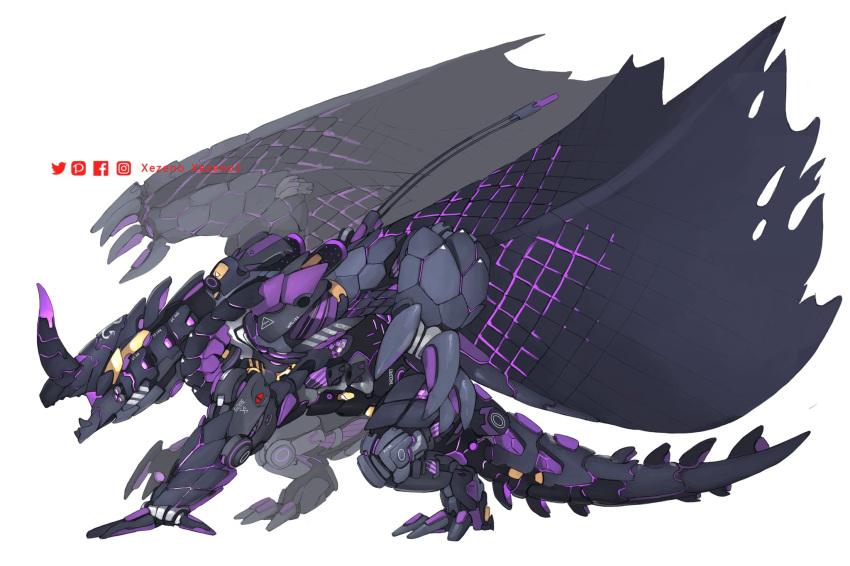 dragon fangs gore_magala highres horns mecha mechanization monster_hunter_(series) no_humans open_mouth radio_antenna robot spiked_tail tail torn_wings twitter_username white_background wings xezeno