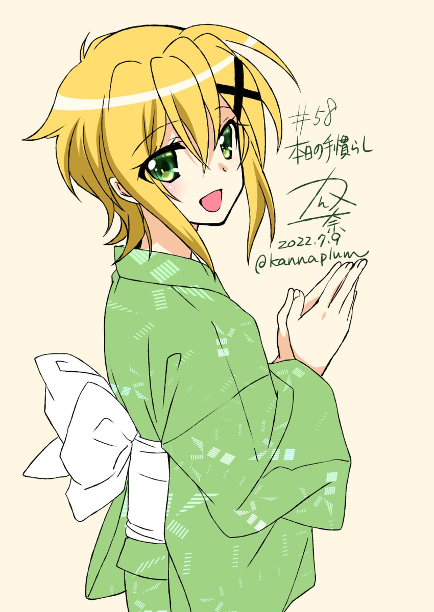 1girl 2022 akatsuki_kirika blonde_hair blush dated green_eyes hair_between_eyes hair_ornament highres japanese_clothes kanna_(plum) kimono looking_at_viewer numbered open_mouth painttool_sai_(medium) senki_zesshou_symphogear simple_background smile solo twitter_username x_hair_ornament yukata