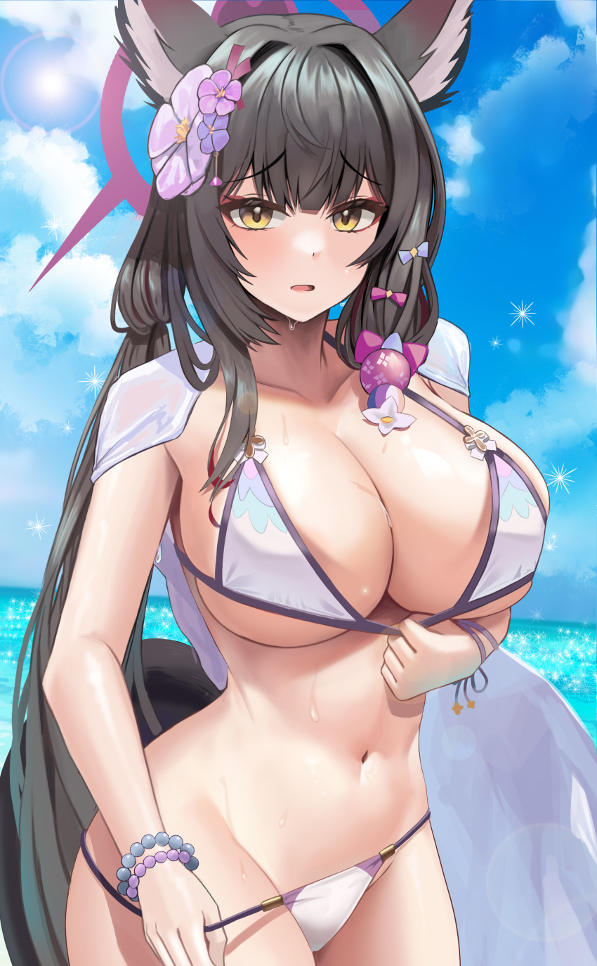 1girl absurdres animal_ear_fluff animal_ears bangs bead_bracelet beads bikini bikini_pull black_hair blue_archive blue_sky blunt_bangs bracelet breasts cleavage clothes_pull cloud flower fox_ears fox_girl fox_tail hair_flower hair_ornament halo highres jewelry large_breasts long_hair looking_at_viewer navel onedoo outdoors parted_lips pulled_by_self purple_flower raised_eyebrows sky solo stomach strap_pull swimsuit tail very_long_hair wakamo_(blue_archive) wakamo_(swimsuit)_(blue_archive) wet yellow_eyes