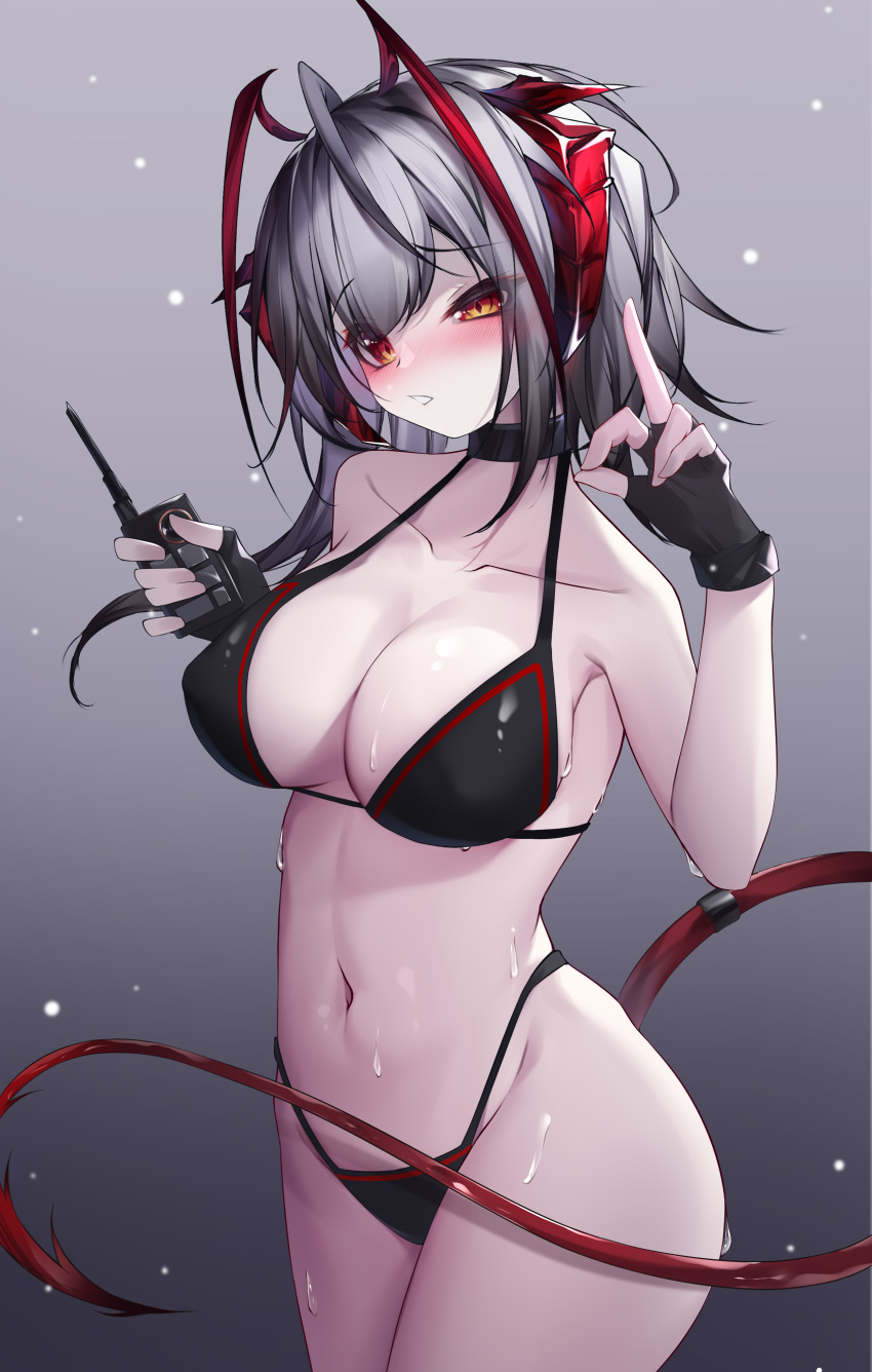 1girl absurdres antenna_hair arknights bare_arms bare_shoulders bikini black_bikini black_gloves black_hair blush breasts cleavage collarbone cowboy_shot demon_girl demon_horns demon_tail detonator fingerless_gloves gloves gradient gradient_background gradient_hair grey_background grey_hair highres holding horns large_breasts long_hair looking_at_viewer multicolored_hair navel orange_eyes parted_lips qinshi-ji red_hair solo stomach sweat swimsuit tail w_(arknights)