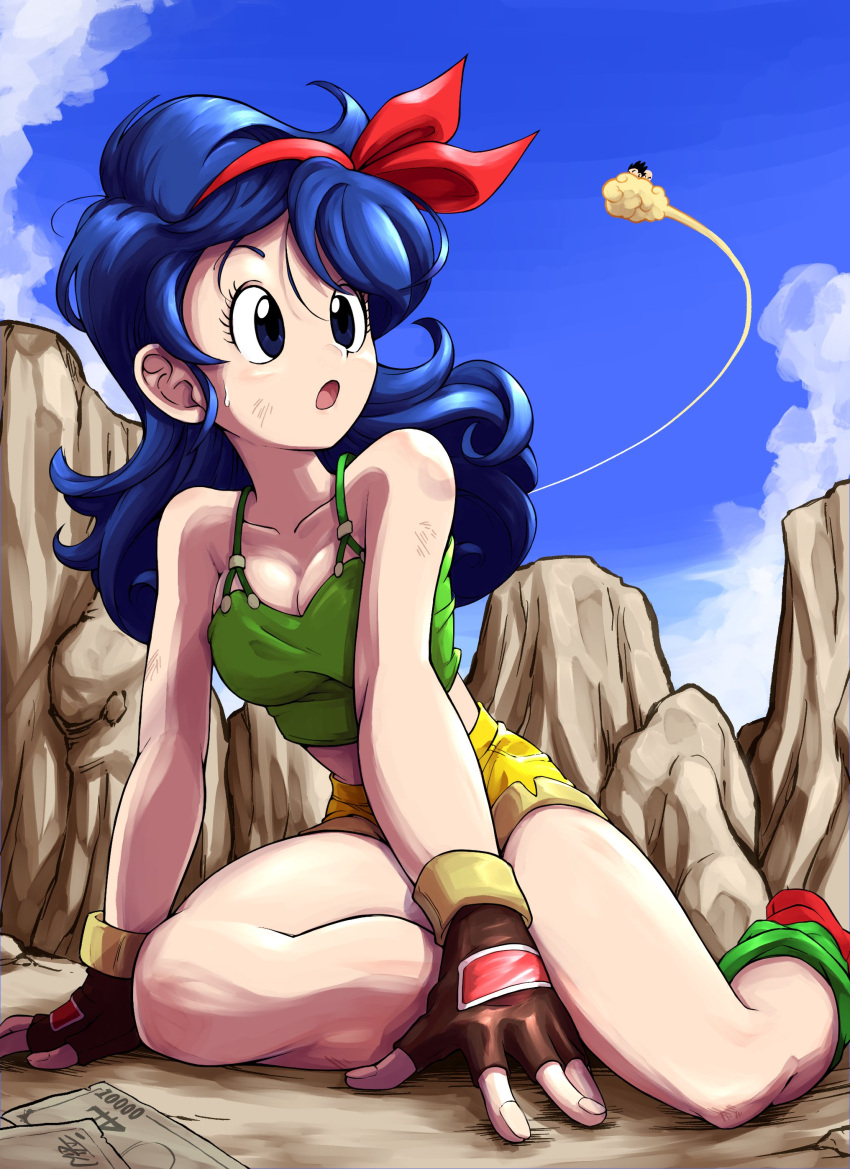 1girl 2boys absurdres all_fours bare_legs bare_shoulders blue_eyes blue_hair bow close-up cloud commentary_request day dragon_ball dragon_ball_(classic) fantasy fingerless_gloves flying gloves green_shirt hair_bow highres kuririn liedein long_hair lunch_(dragon_ball) money mountain multiple_boys open_mouth outdoors shirt shorts sky solo_focus son_goku yellow_shorts