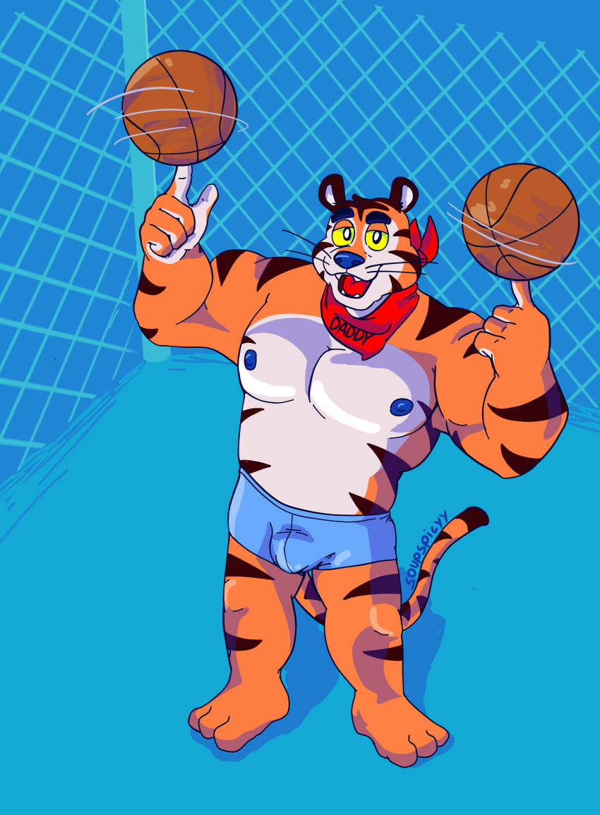 absurd_res anthro ball bandanna basketball_(ball) biceps blue_nipples blue_nose bulge clothing felid fence frosted_flakes fur hi_res kellogg's kerchief looking_at_viewer male mammal mascot muscular nipples open_mouth pantherine pecs shadow simple_background smile solo soupspicyy standing stripes tiger tony_the_tiger underwear whiskers yellow_eyes