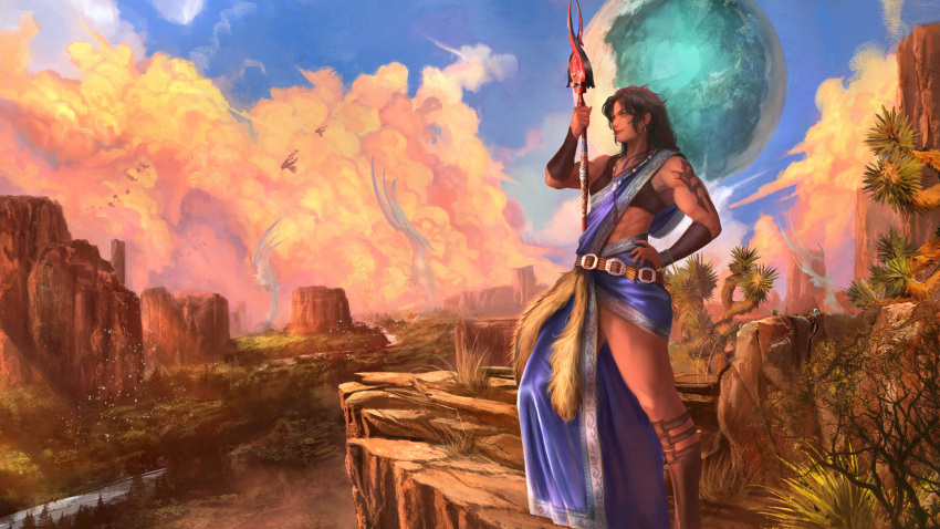 1girl absurdres aircraft airplane belt black_hair bracer caio_santos crop_top dark-skinned_female dark_skin final_fantasy final_fantasy_xiii grass hand_on_hip highres jewelry long_skirt loose_belt mountain muscular muscular_female necklace oerba_yun_fang pelt polearm sash scenery skirt solo spear tree weapon