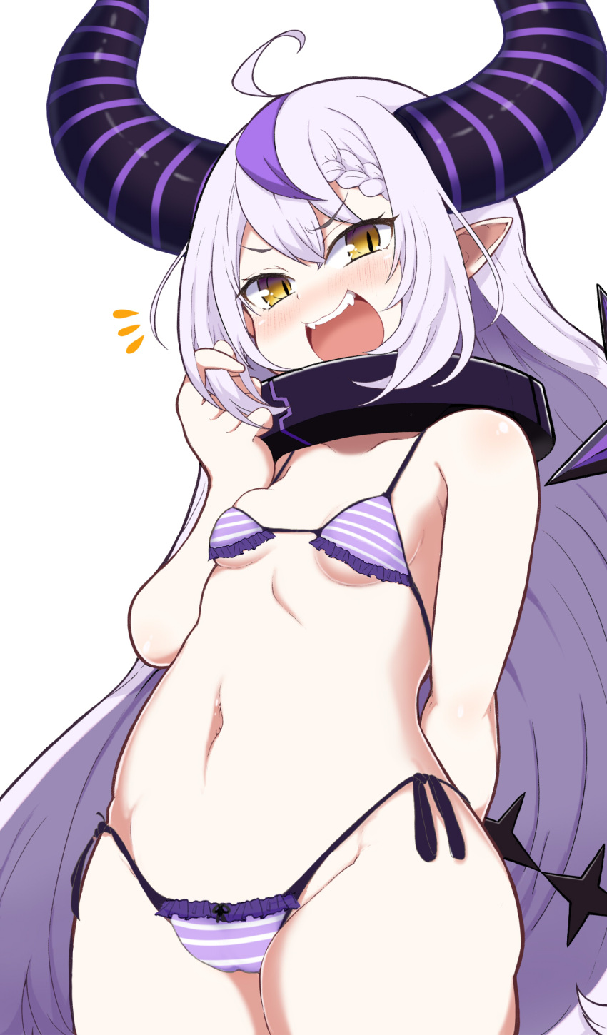 1girl ahoge arm_behind_back bikini breasts collar demon_girl demon_horns demon_tail fangs hand_in_own_hair highres hololive horns la+_darknesss long_hair matarou_(matarou072) micro_bikini multicolored_hair navel open_mouth pointy_ears purple_bikini purple_hair side-tie_bikini slit_pupils small_breasts smile solo streaked_hair striped striped_bikini striped_horns swimsuit tail two-tone_hair very_long_hair virtual_youtuber yellow_eyes