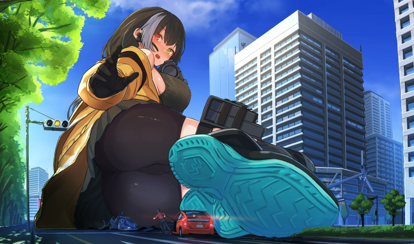 1boy 1girl absurdres ass bike_shorts black_gloves black_hair boots brown_jacket city day destruction giant giantess girls'_frontline gloves grey_skirt heterochromia highres jacket long_hair magazine_(weapon) multicolored_hair outdoors red_eyes ro635_(girls'_frontline) sigure-zzzz size_difference skirt streaked_hair thigh_strap toyota_prius traffic yellow_eyes