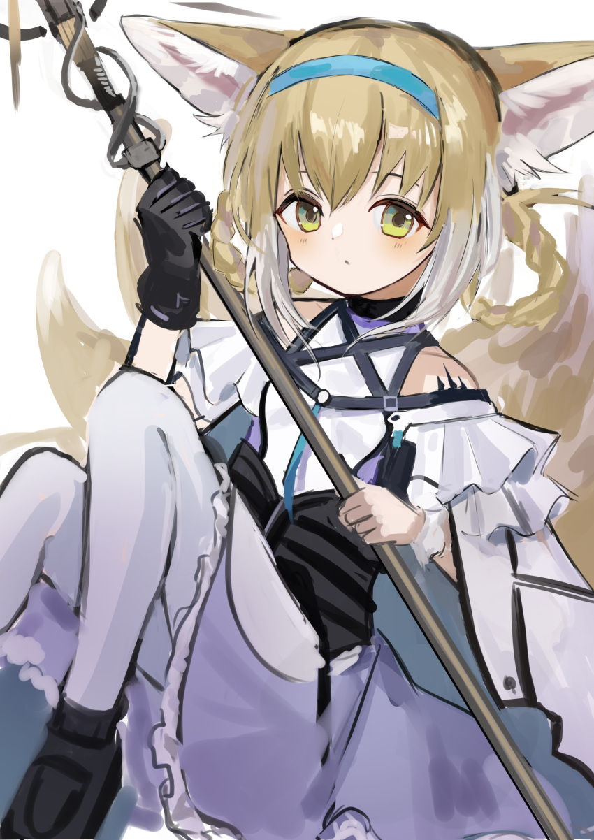 1girl animal_ears arknights azuazu_0405 bangs bare_shoulders black_footwear black_gloves blonde_hair blush fox_ears fox_girl fox_tail frilled_skirt frills gloves green_eyes hairband highres holding holding_staff knees_up multiple_tails oripathy_lesion_(arknights) pantyhose shoes single_glove sitting skirt solo staff suzuran_(arknights) tail white_background white_pantyhose