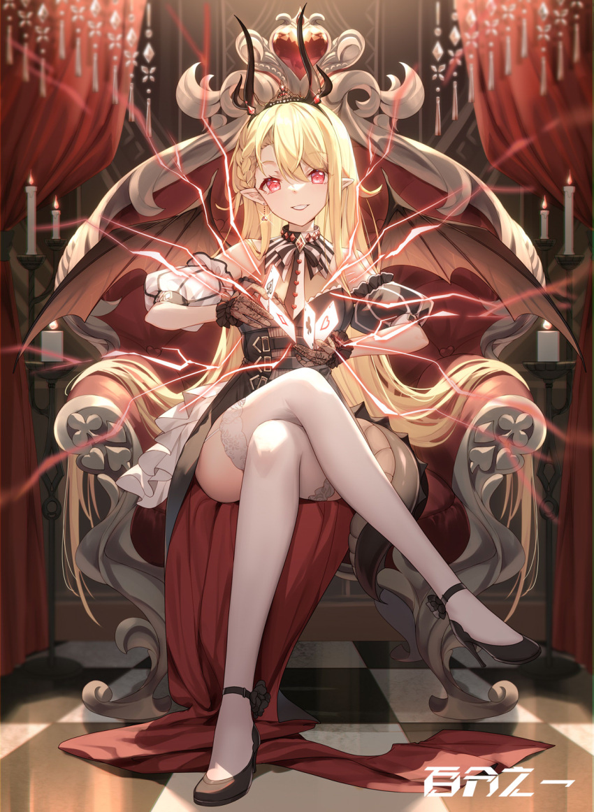 1girl ankle_strap bangs bison_cangshu black_footwear blonde_hair candle card chair clenched_teeth copyright_request crossed_legs curtains earrings electricity garter_straps high_heels highres jewelry long_hair looking_at_viewer on_chair pink_eyes playing_card pointy_ears sitting solo tassel teeth thighhighs white_thighhighs wings