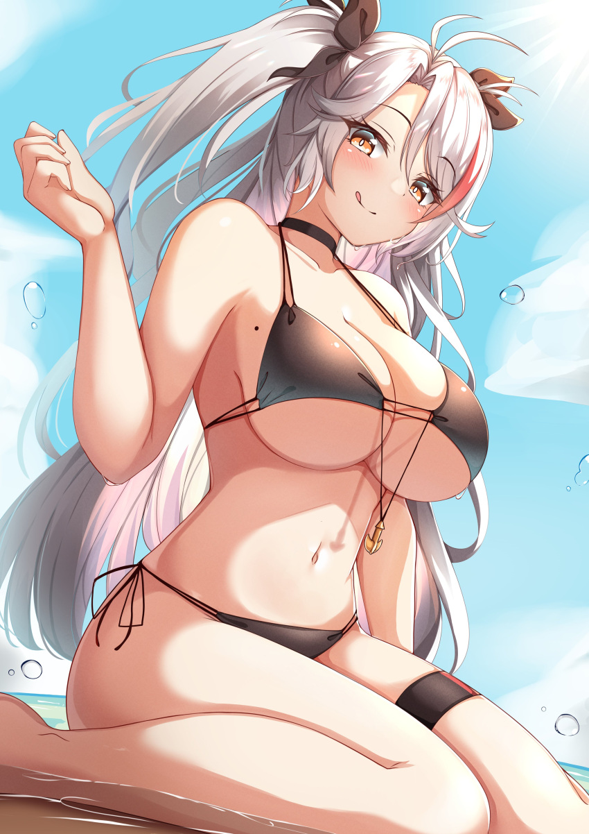 1girl :q absurdres azur_lane bangs bikini black_bikini breasts hair_ribbon highres in_water jewelry kneeling large_breasts legs_together licking licking_lips looking_at_viewer mole mole_on_breast moyoron navel necklace official_alternate_costume prinz_eugen_(azur_lane) prinz_eugen_(unfading_smile)_(azur_lane) ribbon solo swimsuit thigh_strap thighs tongue tongue_out twintails underboob wet white_hair yellow_eyes