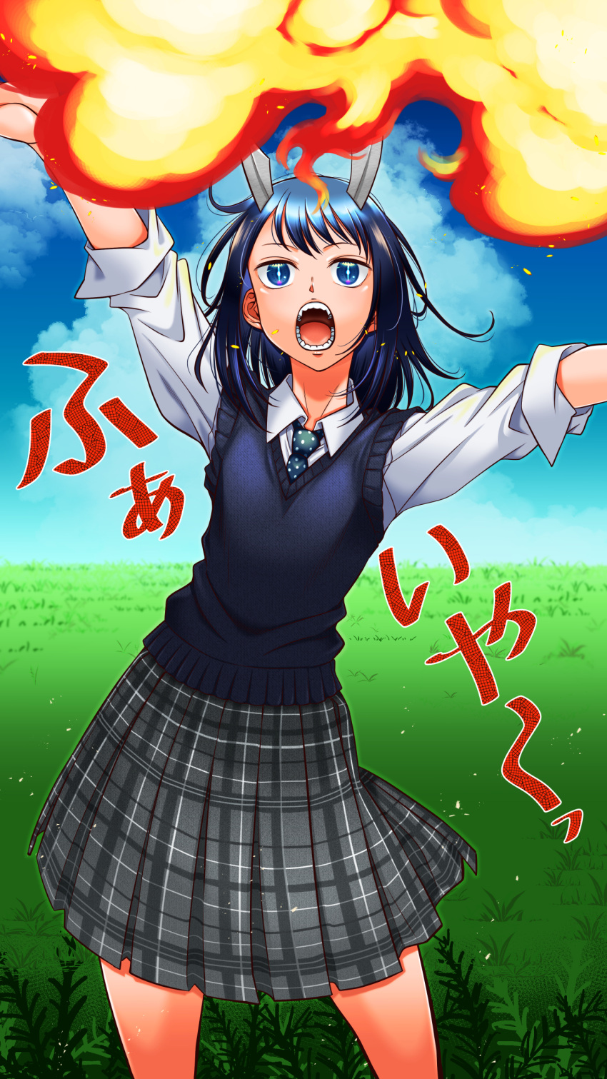 1girl absurdres aoki_ruri arm_up bangs blue_eyes blue_necktie blue_vest breathing_fire bright_pupils cloud cloudy_sky collared_shirt contrapposto cowboy_shot dark_blue_hair dragon_girl dragon_horns fangs fire grass hanzaki_jirou highres horns long_sleeves medium_hair medium_skirt multicolored_eyes necktie open_mouth outdoors pink_eyes plaid plaid_skirt pleated_skirt polka_dot_necktie ruri_dragon school_uniform shirt skirt sky sleeves_rolled_up slit_pupils solo swept_bangs teeth tongue translated vest white_pupils white_shirt