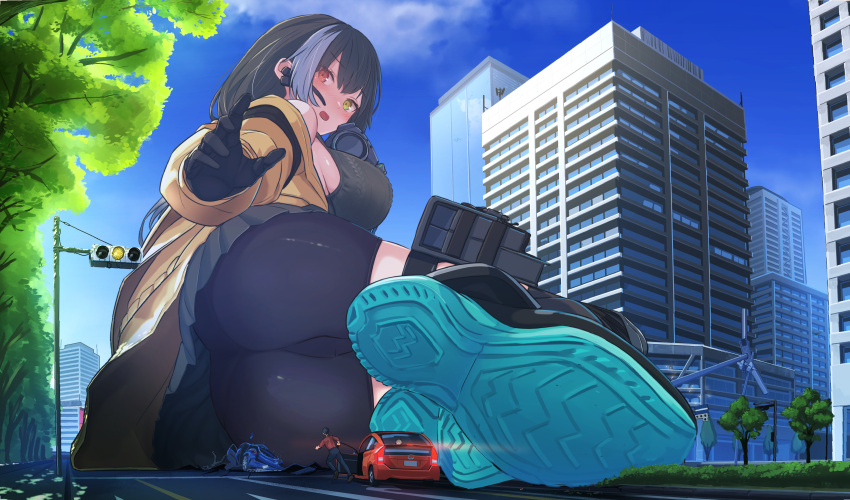 1boy 1girl absurdres ass bike_shorts black_gloves black_hair boots brown_jacket city day destruction giant giantess girls'_frontline gloves grey_skirt heterochromia highres jacket long_hair magazine_(weapon) multicolored_hair outdoors red_eyes ro635_(girls'_frontline) sigure-zzzz size_difference skirt streaked_hair thigh_strap toyota_prius traffic yellow_eyes