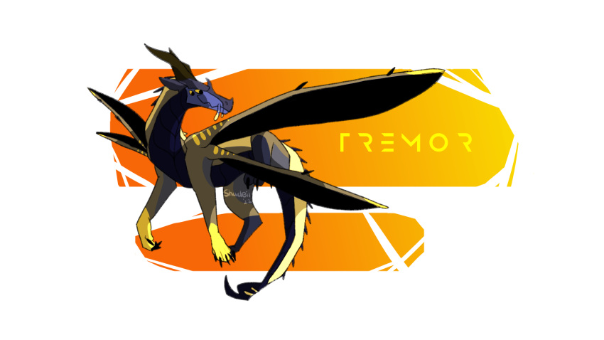 4_wings dragon ears_back feral hi_res hivewing_(wof) horn looking_away male multi_wing pivoted_ears shadeii simple_background smile solo spread_wings tail text wings wings_of_fire yellow_eyes